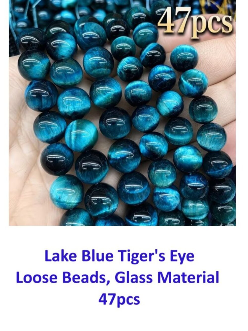 Lake Blue Tiger's Eye Beads with Holes, Glass Material  47pcs